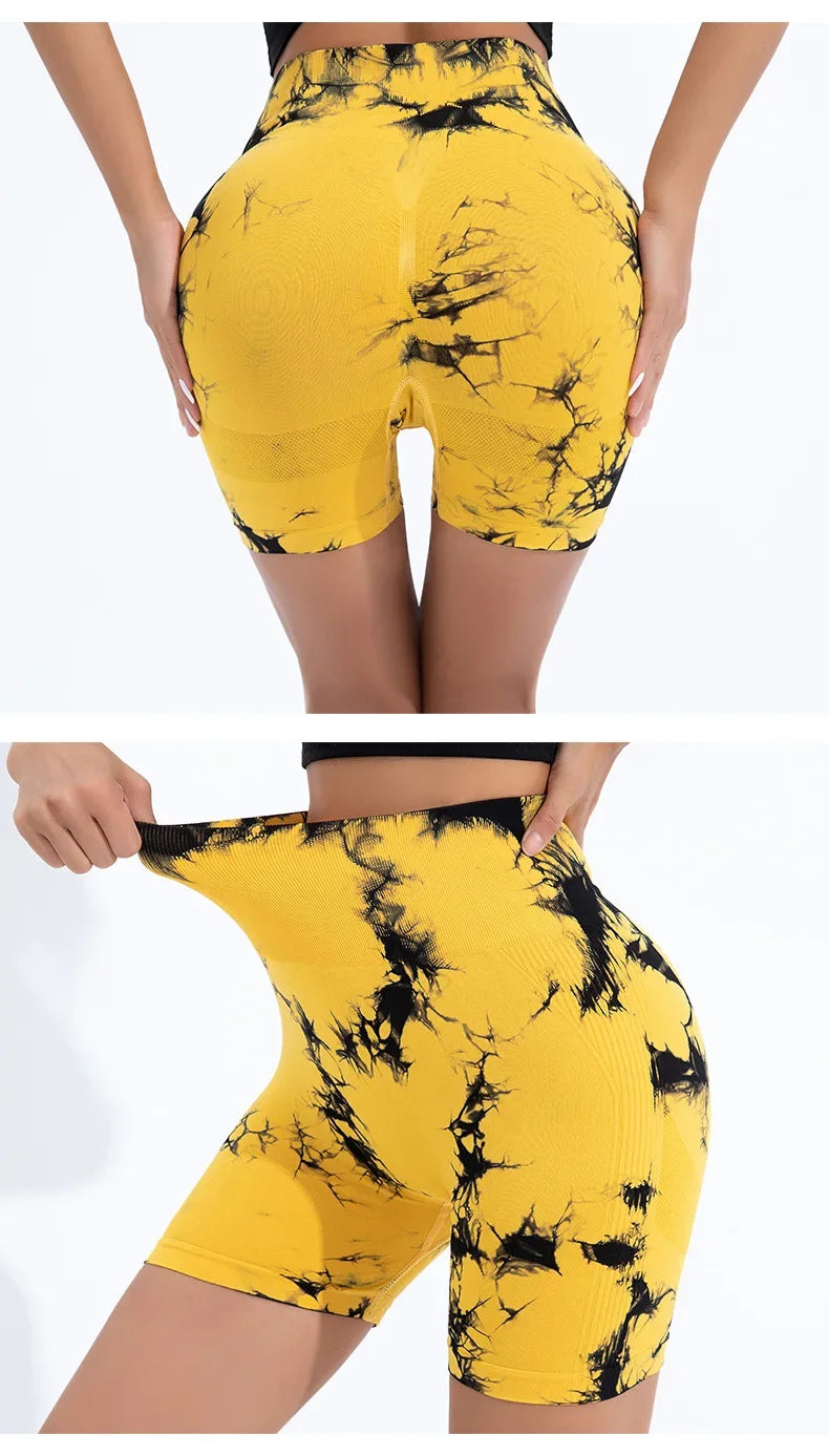 High Waist Yoga Shorts Women Seamless Push Up Shorts Gym Workout Running Shorts Tie Dye Fashion Knit Slim Three Point Pants