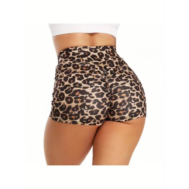 European and American Fashion Digital Print Leopard High Waist Ruched Sexy Slim Fit Butt Lifting Yoga Shorts