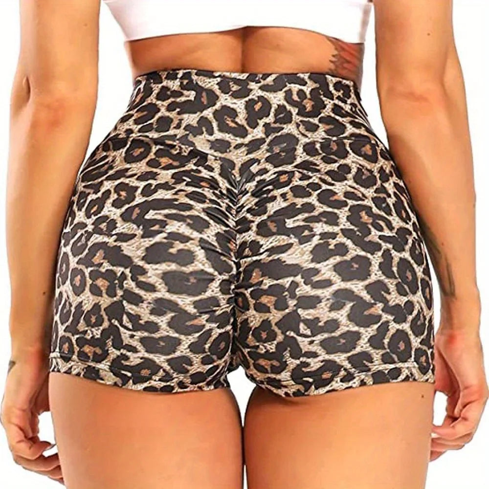 European and American Fashion Digital Print Leopard High Waist Ruched Sexy Slim Fit Butt Lifting Yoga Shorts