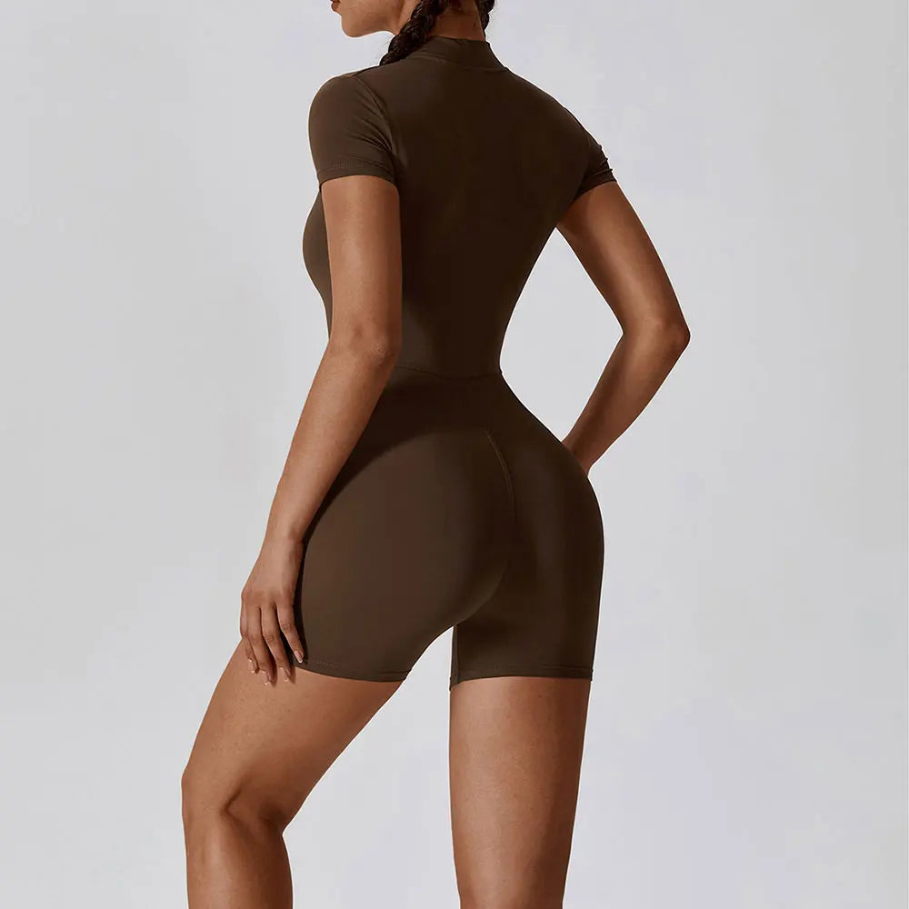 Yoga Set Women's One-Piece Suit Zipper Short Sleeve Gym Push Up Workout Clothes