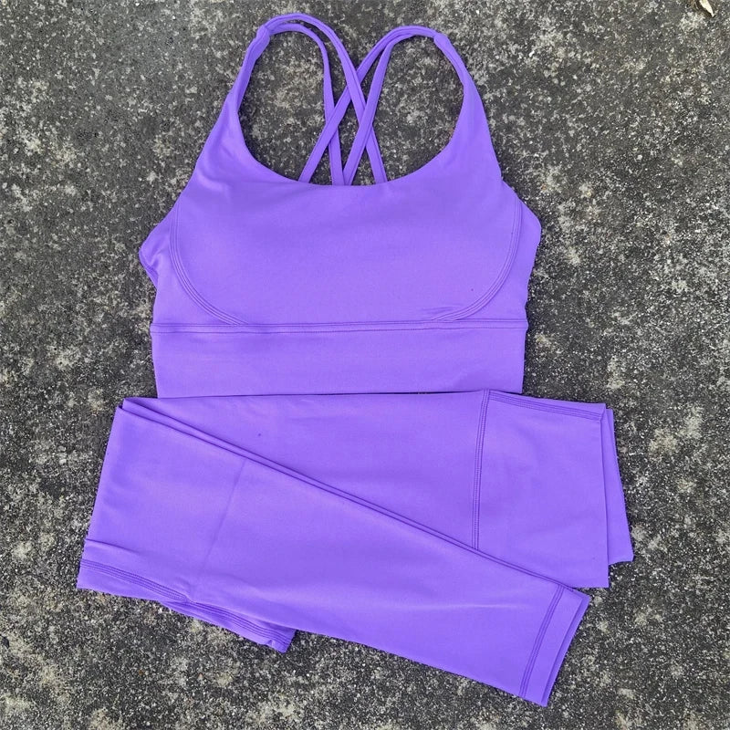 Solid Color Gym Fitness Set Tight Soft cross Fitness Bra 2pc
