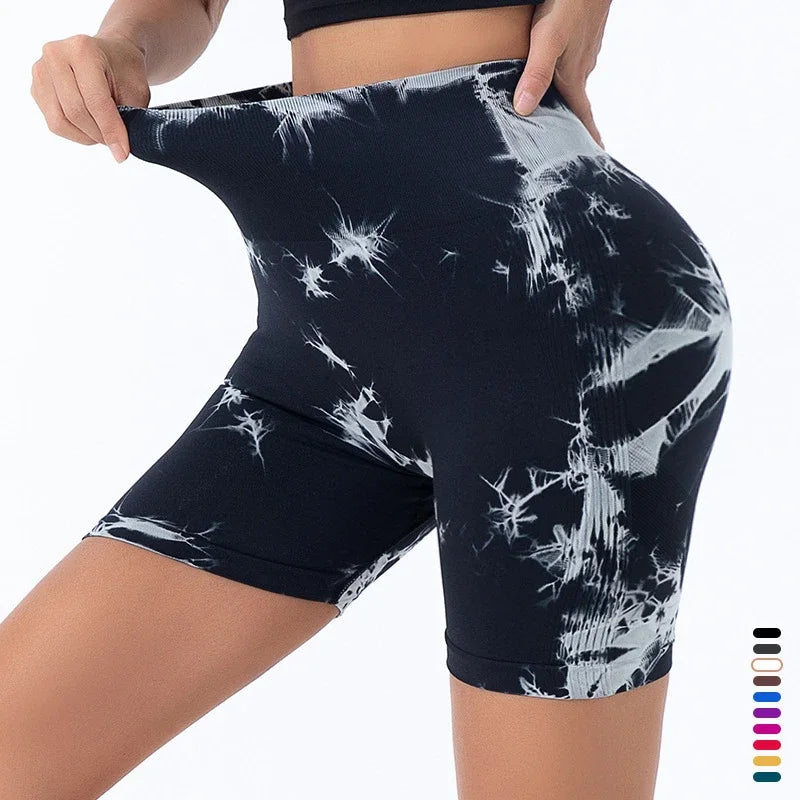 High Waist Yoga Shorts Women Seamless Push Up Shorts Gym Workout Running Shorts Tie Dye Fashion Knit Slim Three Point Pants