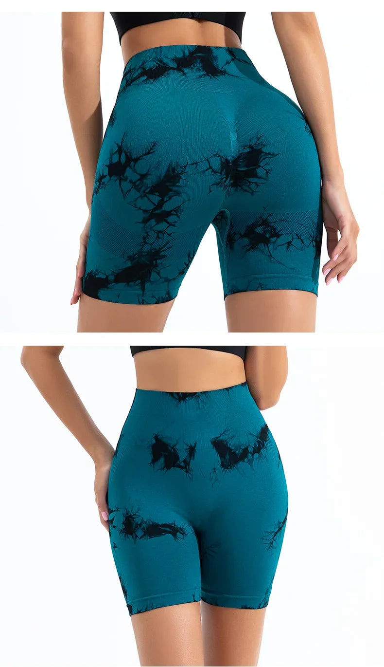 High Waist Yoga Shorts Women Seamless Push Up Shorts Gym Workout Running Shorts Tie Dye Fashion Knit Slim Three Point Pants