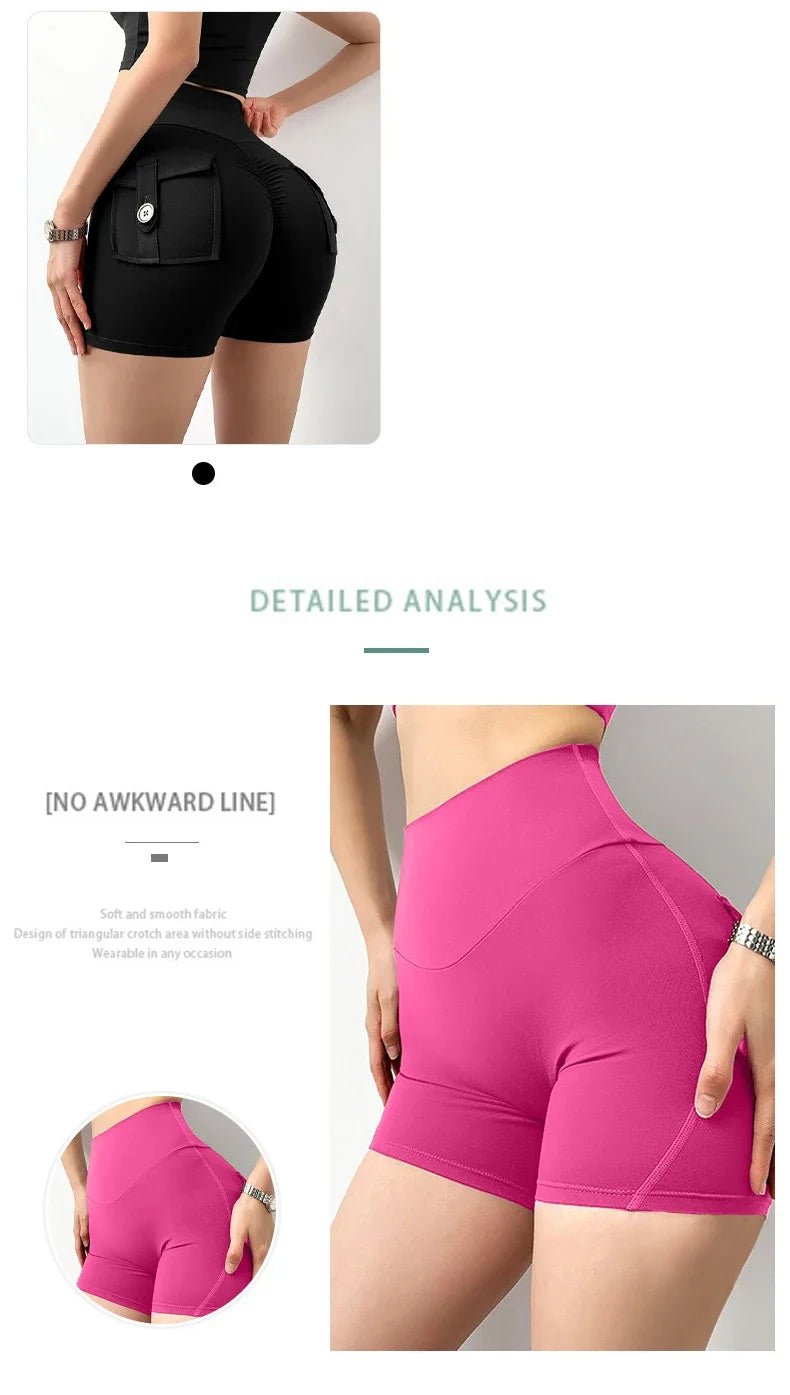 Yoga Shorts for Women Pocket Scrunched Butt Gym Leggings High Waist Push Up Tights Sexy Sports Shorts Fitness Running Shorts