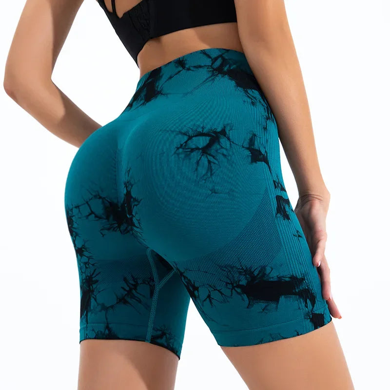 High Waist Yoga Shorts Women Seamless Push Up Shorts Gym Workout Running Shorts Tie Dye Fashion Knit Slim Three Point Pants