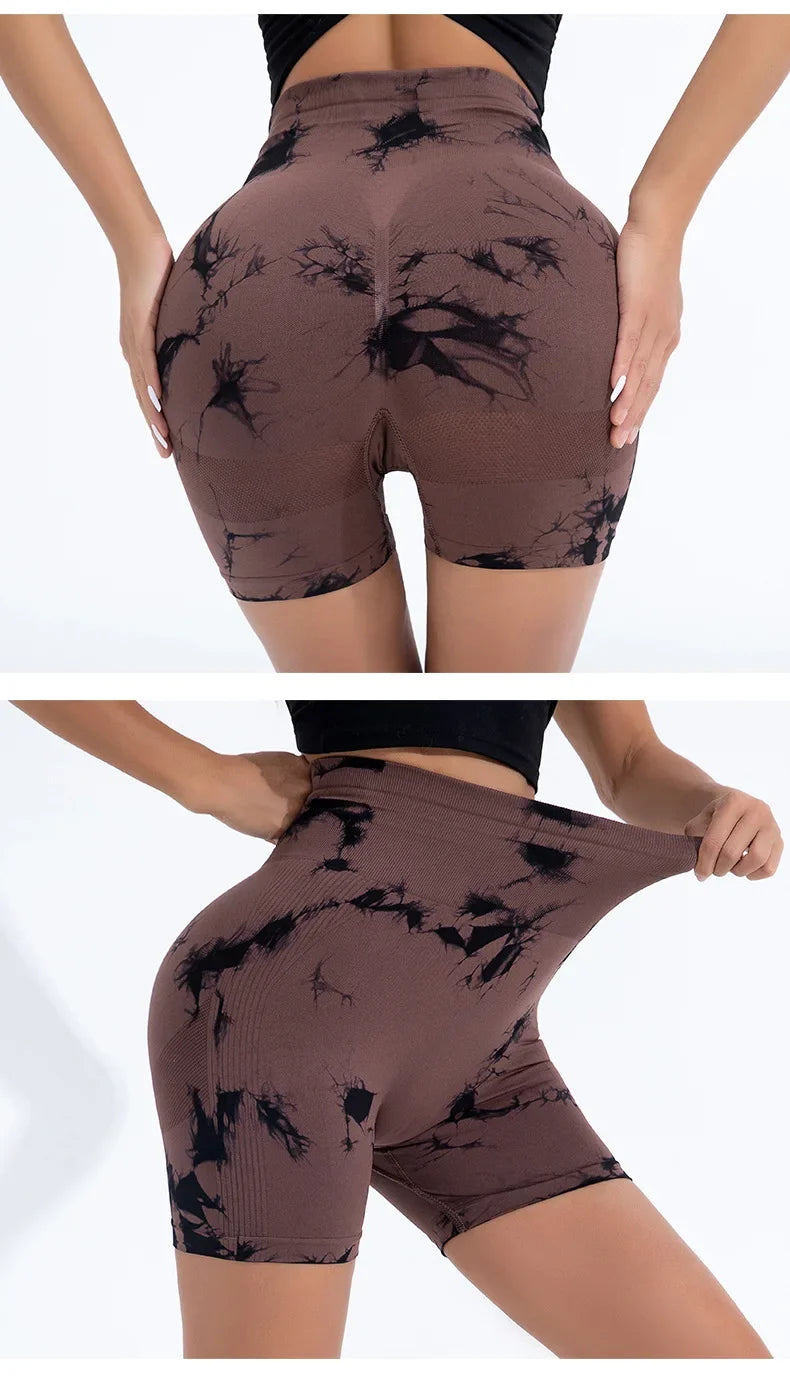High Waist Yoga Shorts Women Seamless Push Up Shorts Gym Workout Running Shorts Tie Dye Fashion Knit Slim Three Point Pants