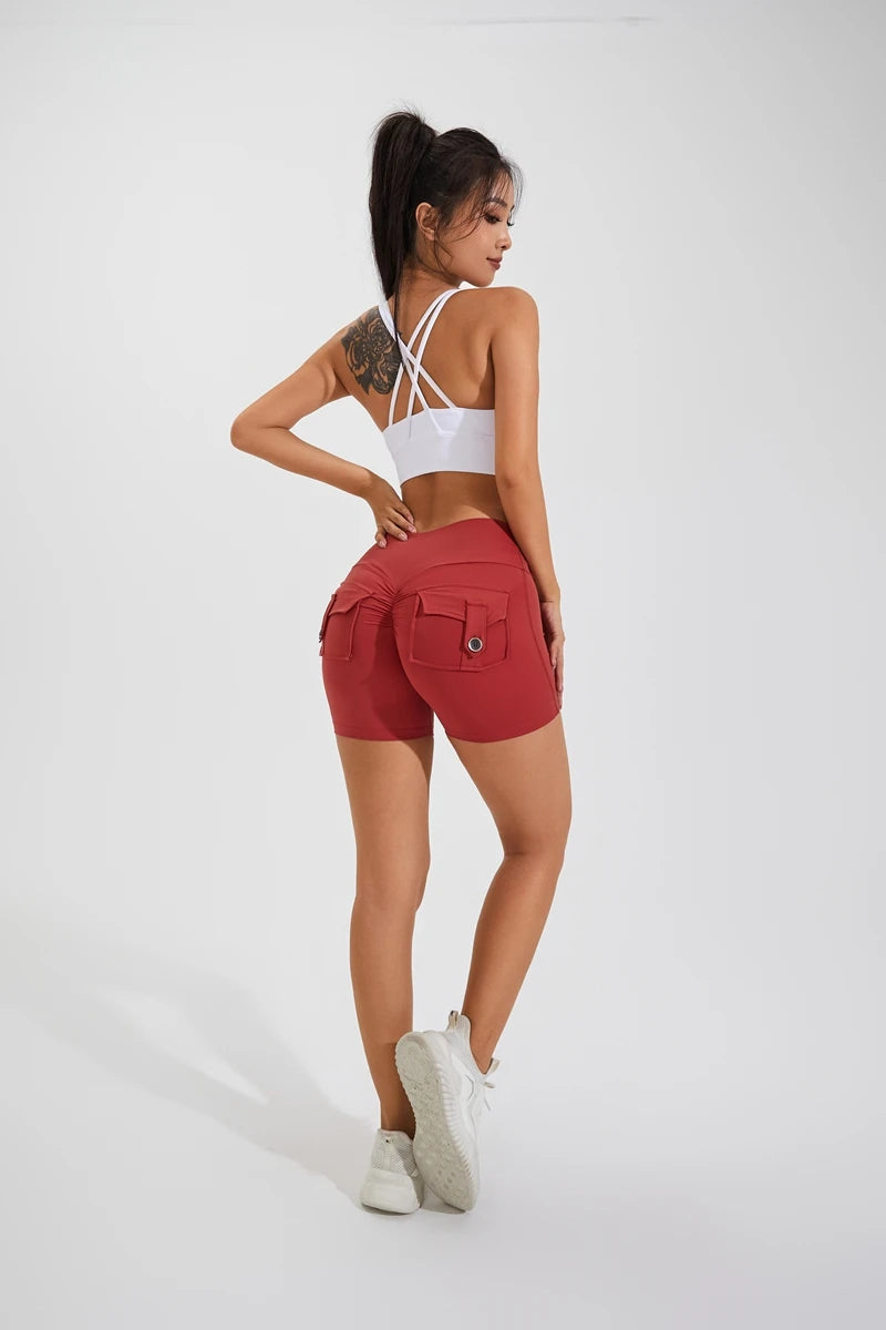 QINACTIVE Yoga Shorts for Women Pocket Scrunched Butt Gym Leggings High Waist Push Up Tights Sexy Booty Sports Shorts Fitness