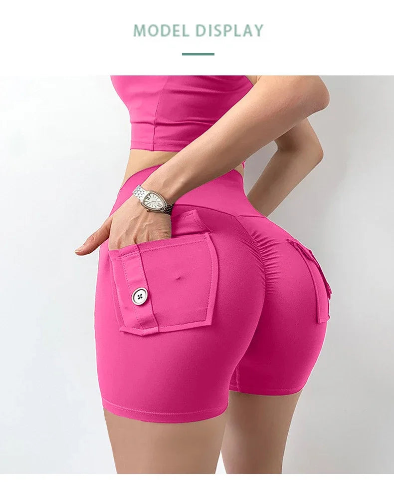 Yoga Shorts for Women Pocket Scrunched Butt Gym Leggings High Waist Push Up Tights Sexy Sports Shorts Fitness Running Shorts
