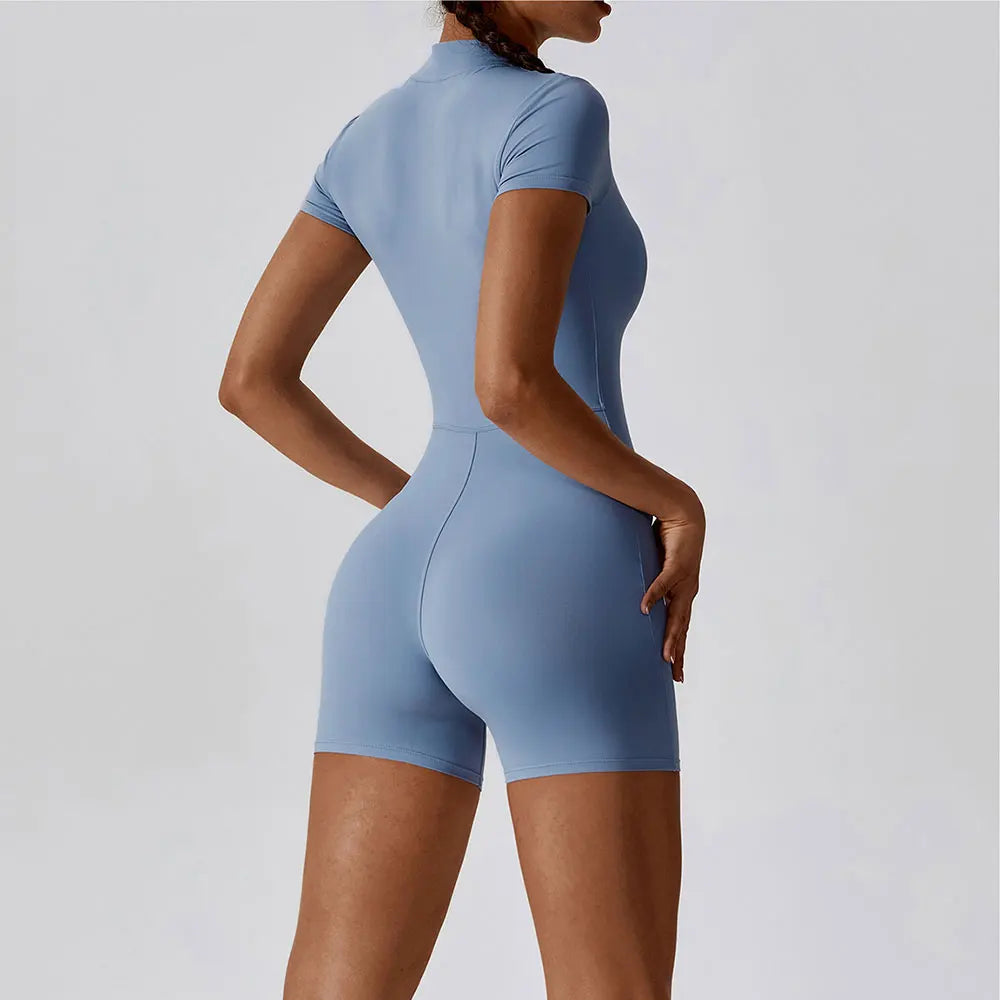 Yoga Set Women's One-Piece Suit Zipper Short Sleeve Gym Push Up Workout Clothes