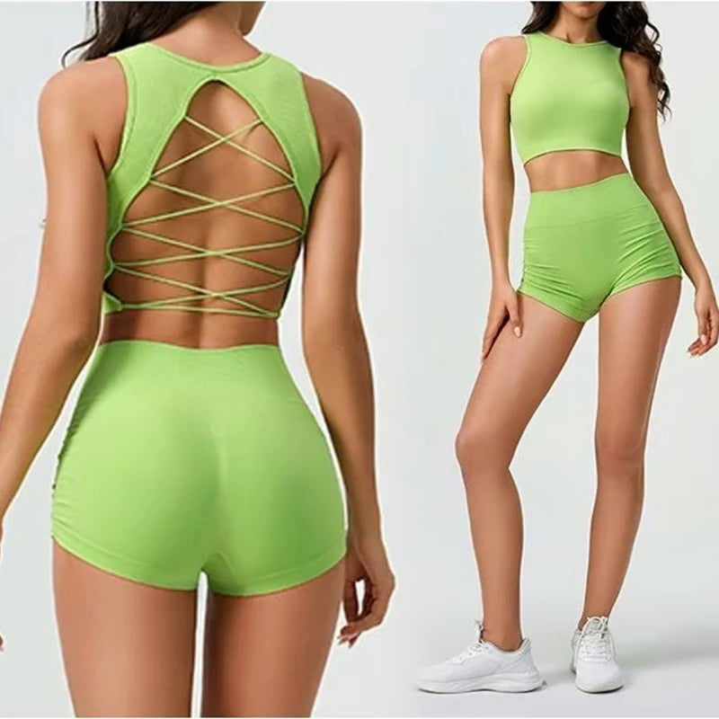 Backless Vest Yoga Exercise Fitness Suit Lifting Shorts Set