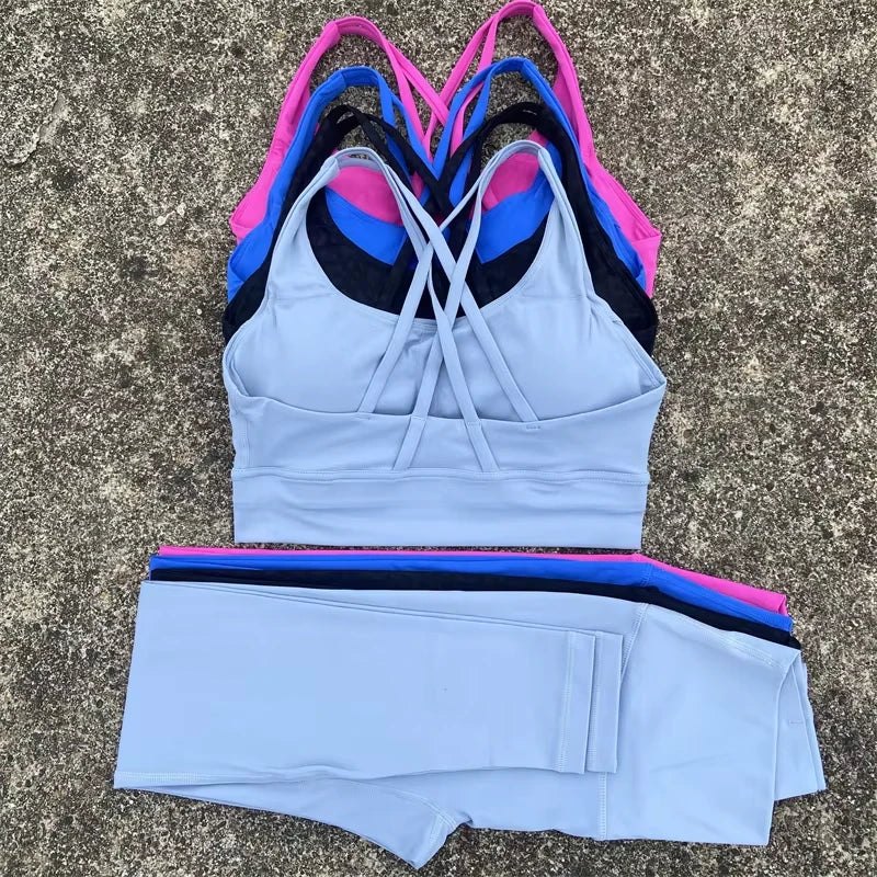 Solid Color Gym Fitness Set Tight Soft cross Fitness Bra 2pc
