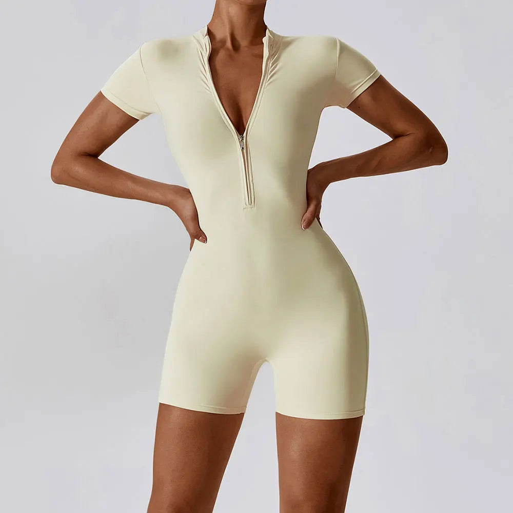 Summer Zipper Jumpsuit Short Sleeve Yoga Bodysuit
