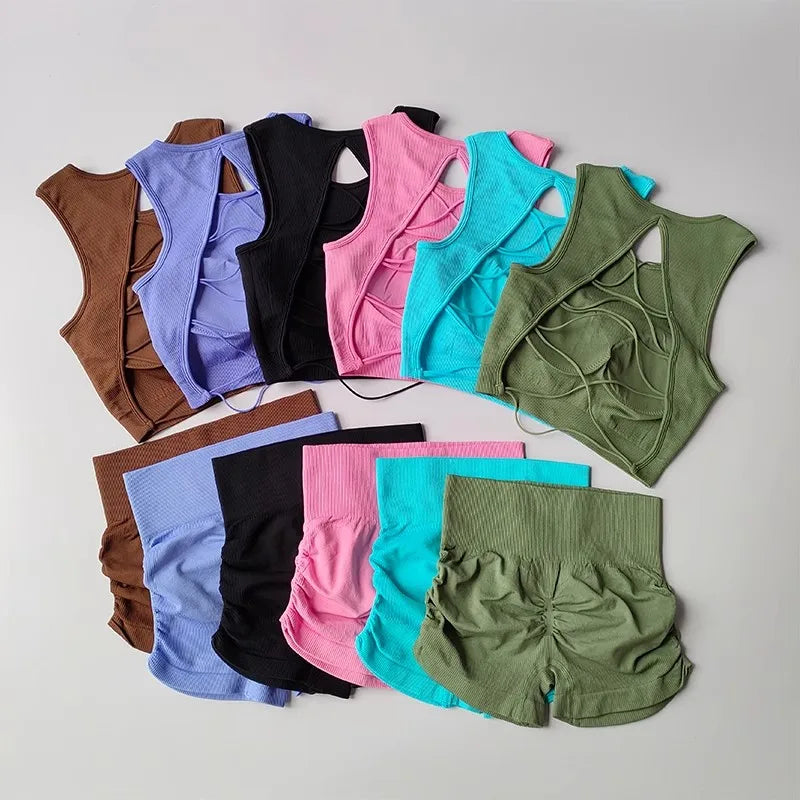 Backless Vest Yoga Exercise Fitness Suit Lifting Shorts Set