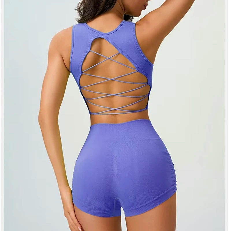 Backless Vest Yoga Exercise Fitness Suit Lifting Shorts Set