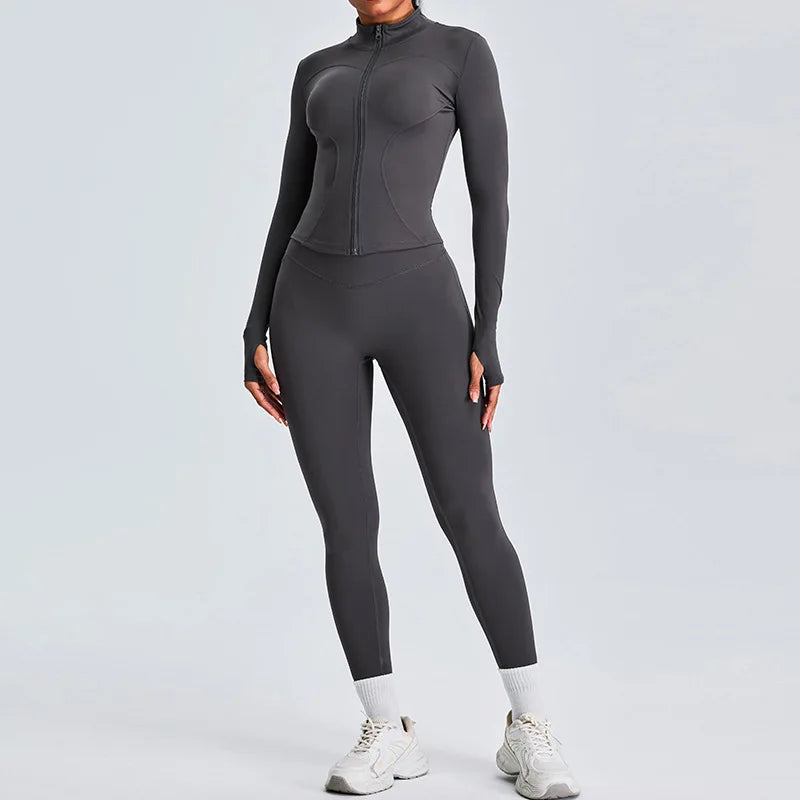 2PCS Yoga Set Workout Clothes Long Sleeve Jacket Gym Crop Top High Waist Leggings