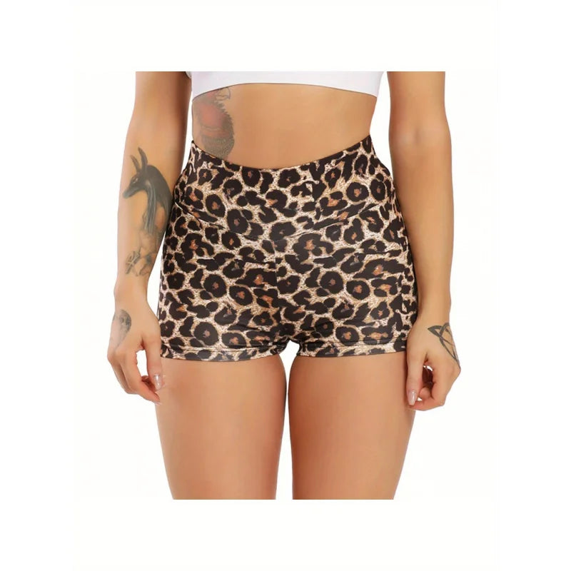 European and American Fashion Digital Print Leopard High Waist Ruched Sexy Slim Fit Butt Lifting Yoga Shorts