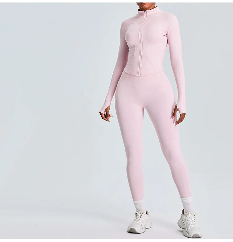 2PCS Yoga Set Workout Clothes Long Sleeve Jacket Gym Crop Top High Waist Leggings