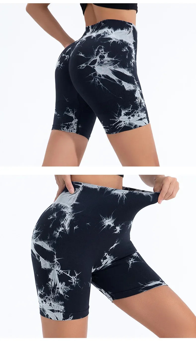 High Waist Yoga Shorts Women Seamless Push Up Shorts Gym Workout Running Shorts Tie Dye Fashion Knit Slim Three Point Pants