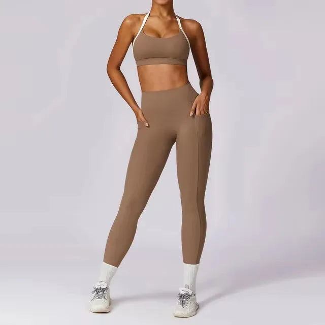 2Pcs Gym Set Women Workout Backless Yoga Suit