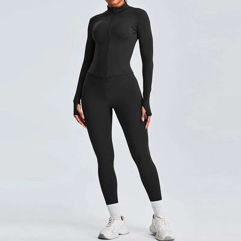2PCS Yoga Set Workout Clothes Long Sleeve Jacket Gym Crop Top High Waist Leggings
