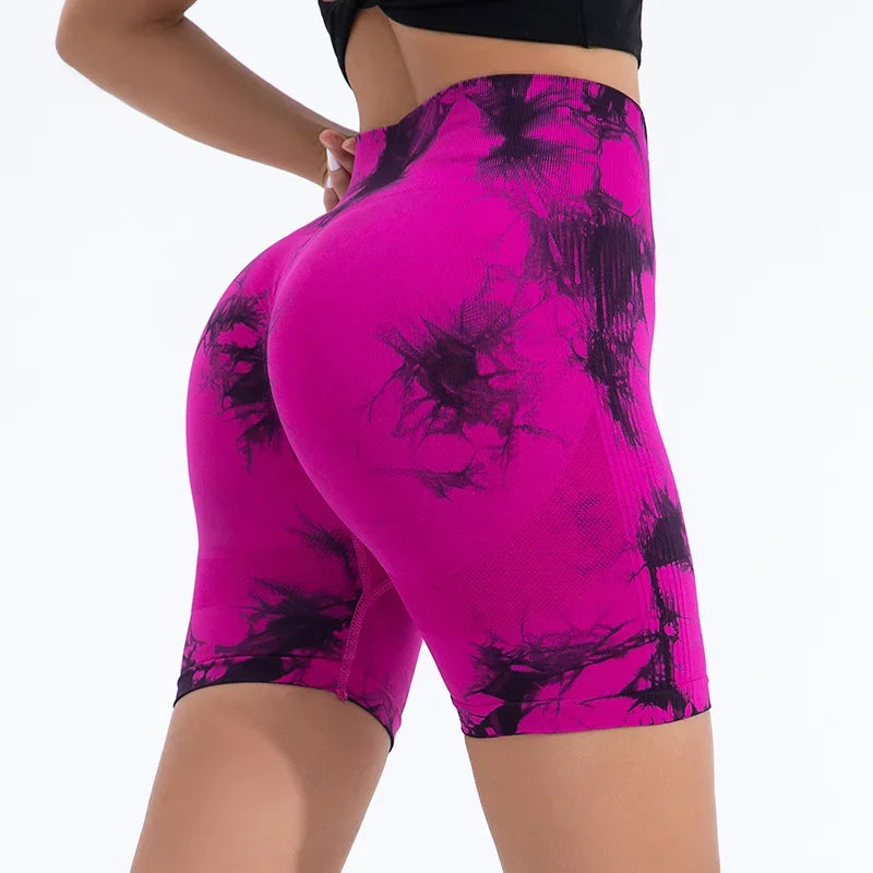 High Waist Yoga Shorts Women Seamless Push Up Shorts Gym Workout Running Shorts Tie Dye Fashion Knit Slim Three Point Pants