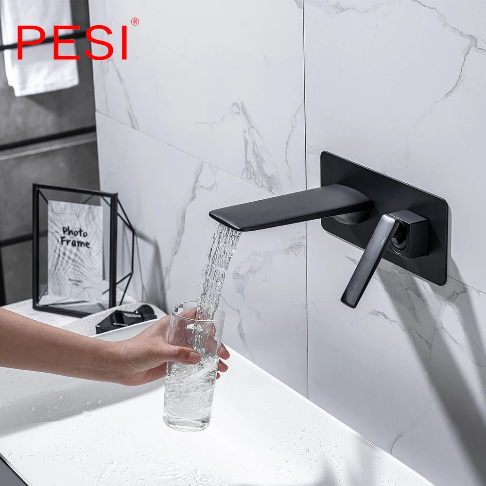 Black and Rose Gold Hot And Cold Water Bathroom Faucet Wall Mount Mixer Sink Tap Gold Wash Basin Swivel Spout Bath.