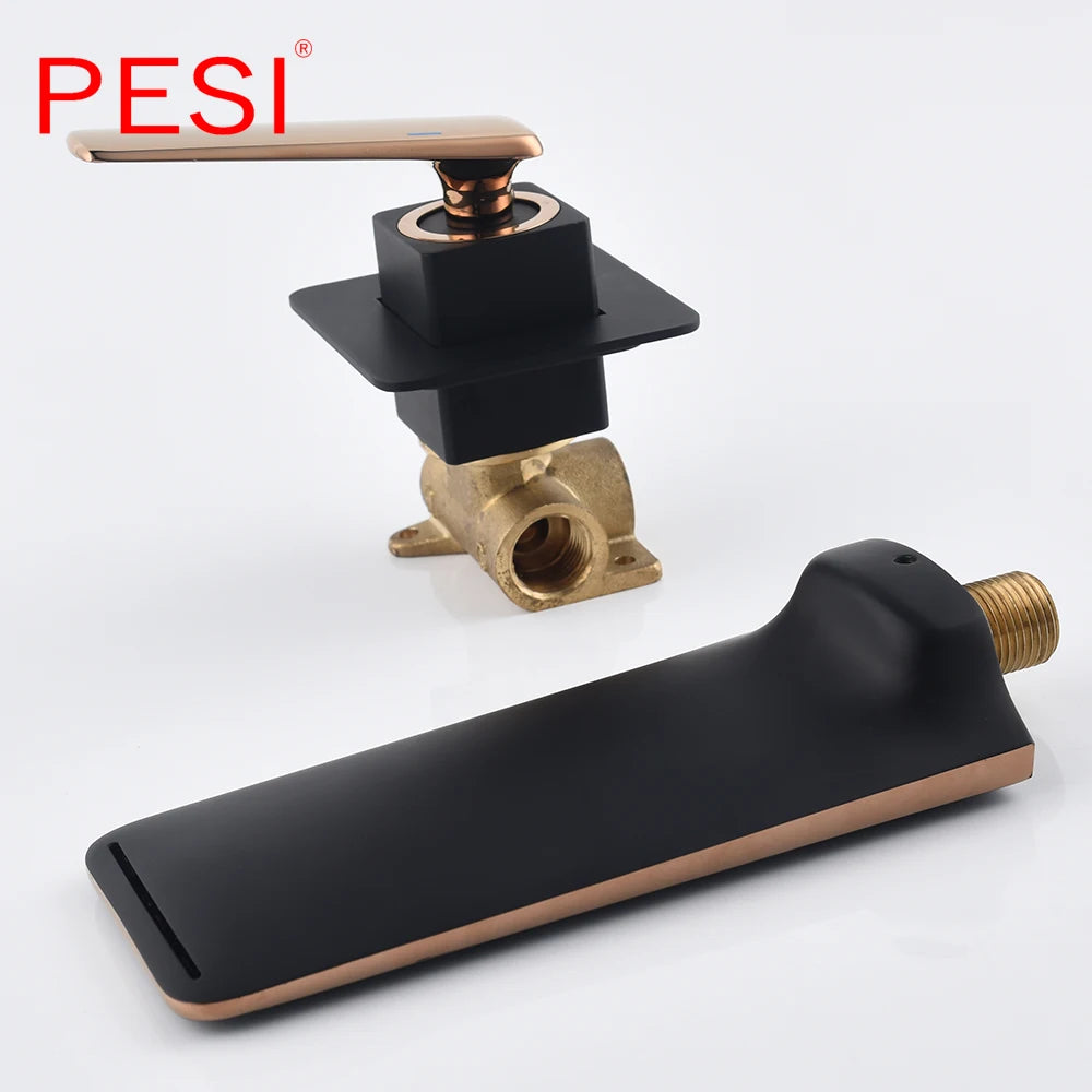 Black and Rose Gold Wall Mounted Bathroom Basin Sink Faucet Waterfall Bathtub Single Handle Solid Brass Hot & Cold Mixer Tap.