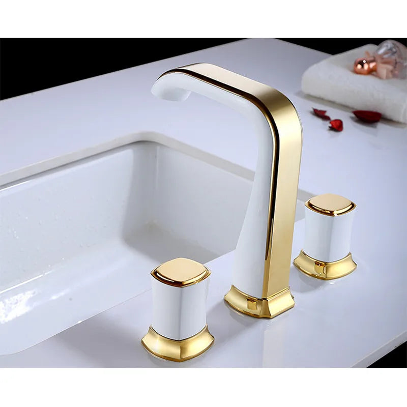 Widespread Basin bathroom sink Faucets Brass three holes Mixer Faucet Cold And Hot 8 inch Water Mixer Sink Taps  gold black