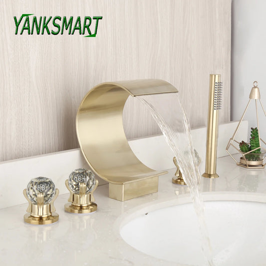 YANKSMART Brushed Gold Waterfall Spout 5 Pcs Bathtub Faucet Chrome Finish Mixer Taps Para Bathroom Shower Faucet With HandShower