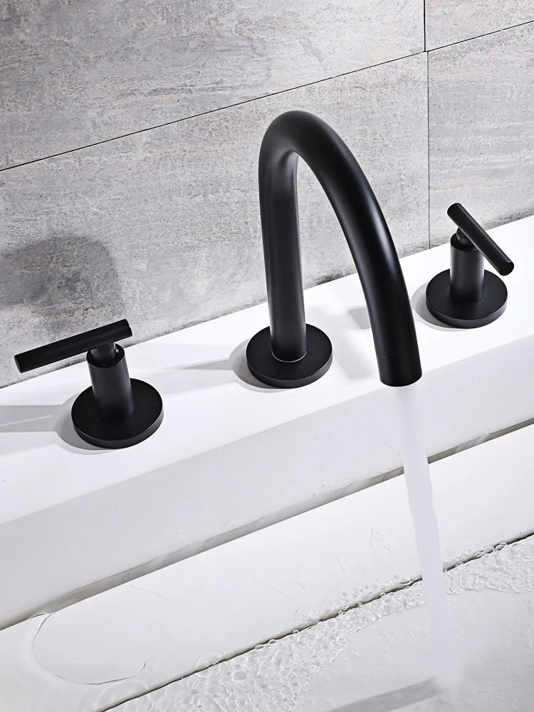 High Quality Brass 3 Hole 2 Handle Bathroom sink faucet Black Copper Basin mixer Taps Cold hot water faucet for Bathroom