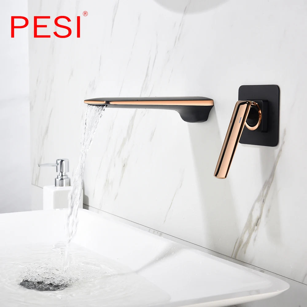 Black and Rose Gold Wall Mounted Bathroom Basin Sink Faucet Waterfall Bathtub Single Handle Solid Brass Hot & Cold Mixer Tap.