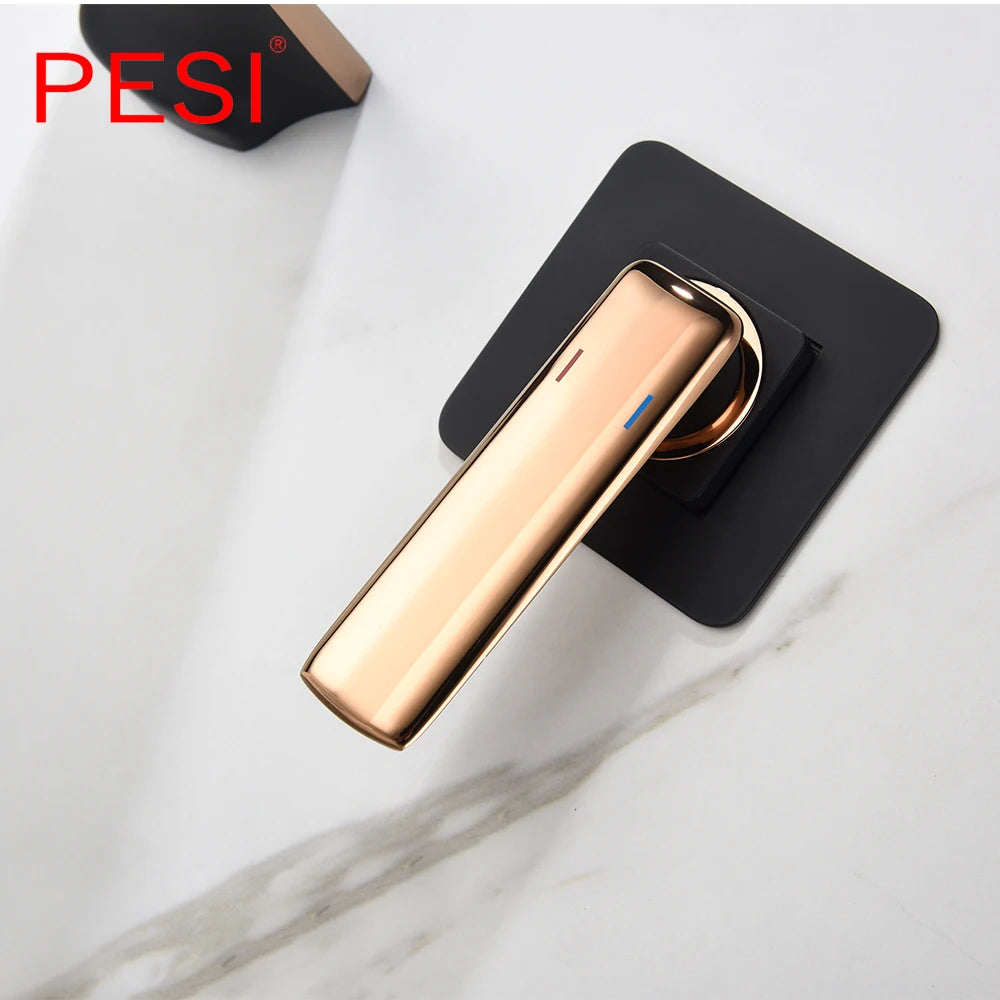 Black and Rose Gold Wall Mounted Bathroom Basin Sink Faucet Waterfall Bathtub Single Handle Solid Brass Hot & Cold Mixer Tap.