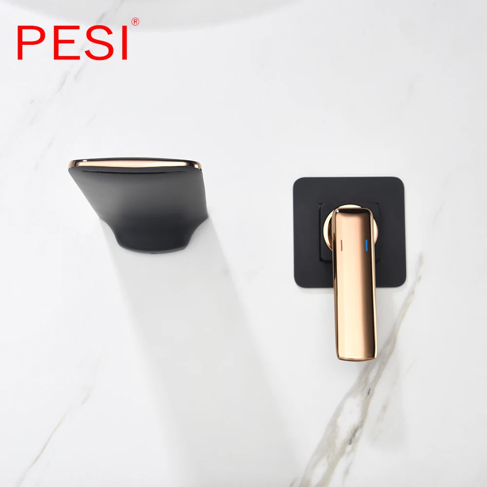 Black and Rose Gold Wall Mounted Bathroom Basin Sink Faucet Waterfall Bathtub Single Handle Solid Brass Hot & Cold Mixer Tap.