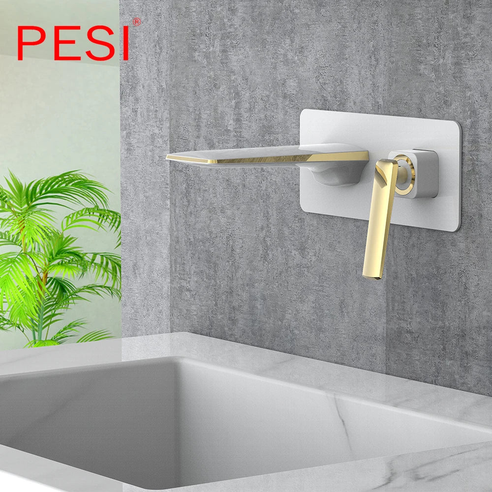 Black and Rose Gold Hot And Cold Water Bathroom Faucet Wall Mount Mixer Sink Tap Gold Wash Basin Swivel Spout Bath.