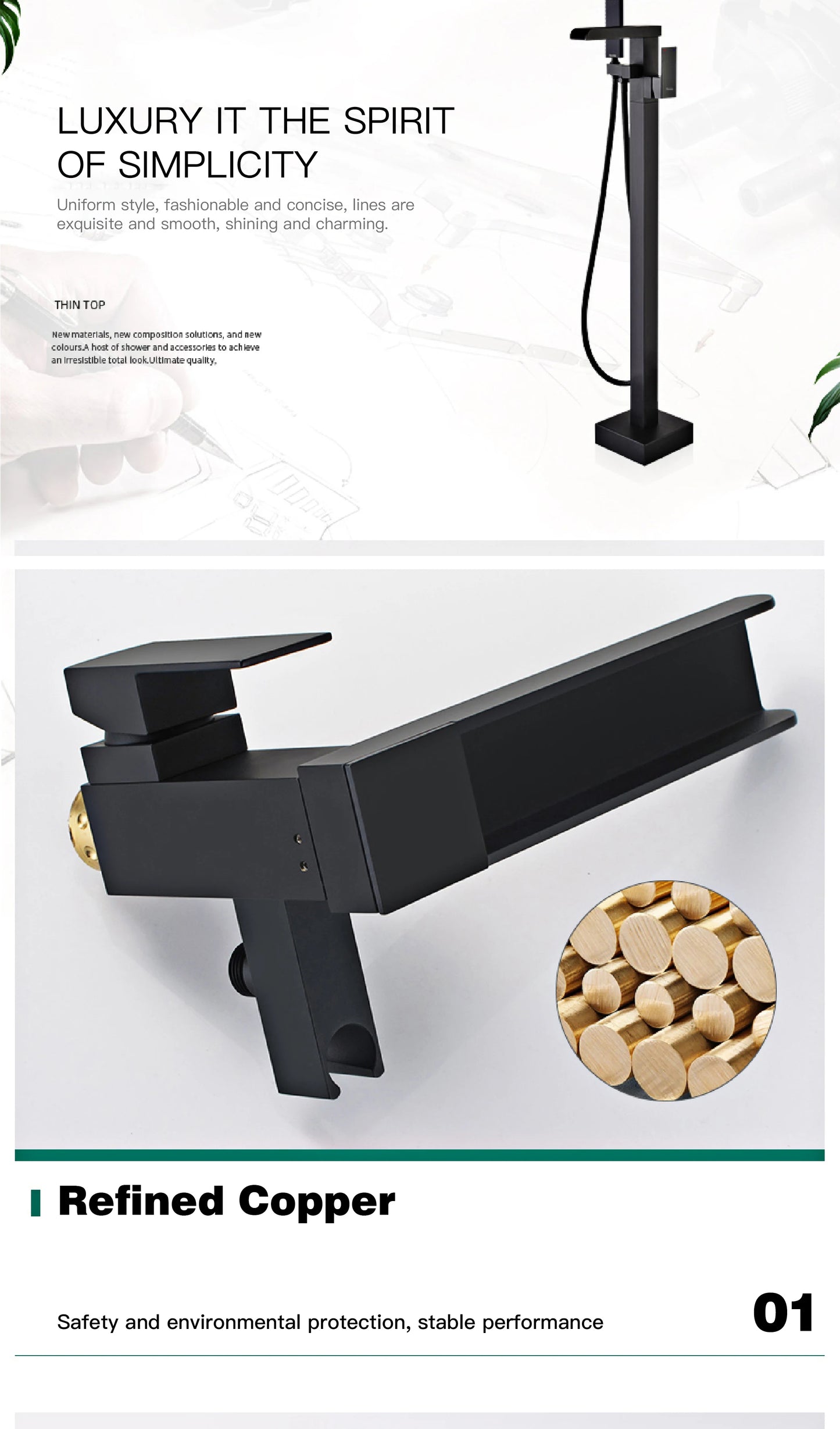 Freestanding Bathtub Faucet Waterfall Tub Filler Matt Balck Floor Mount Brass Single Handle Bathroom Faucets with Hand Showe