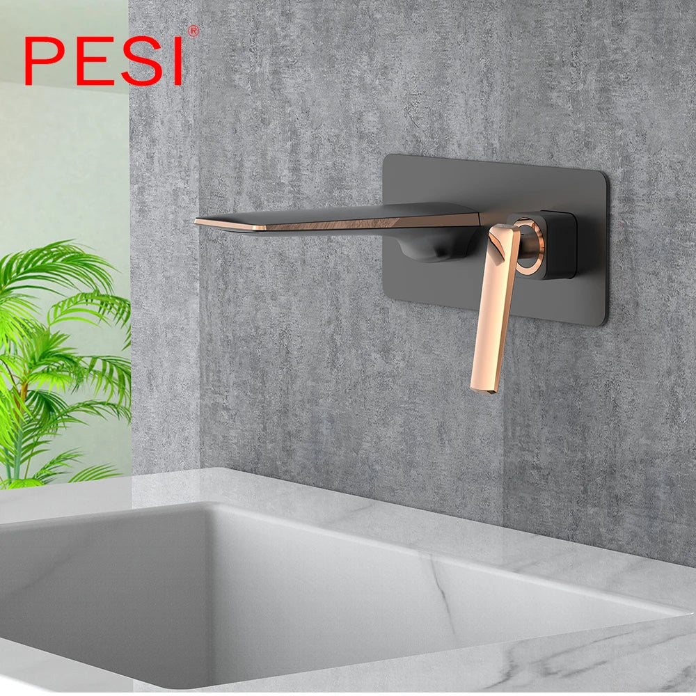 Black and Rose Gold Hot And Cold Water Bathroom Faucet Wall Mount Mixer Sink Tap Gold Wash Basin Swivel Spout Bath.