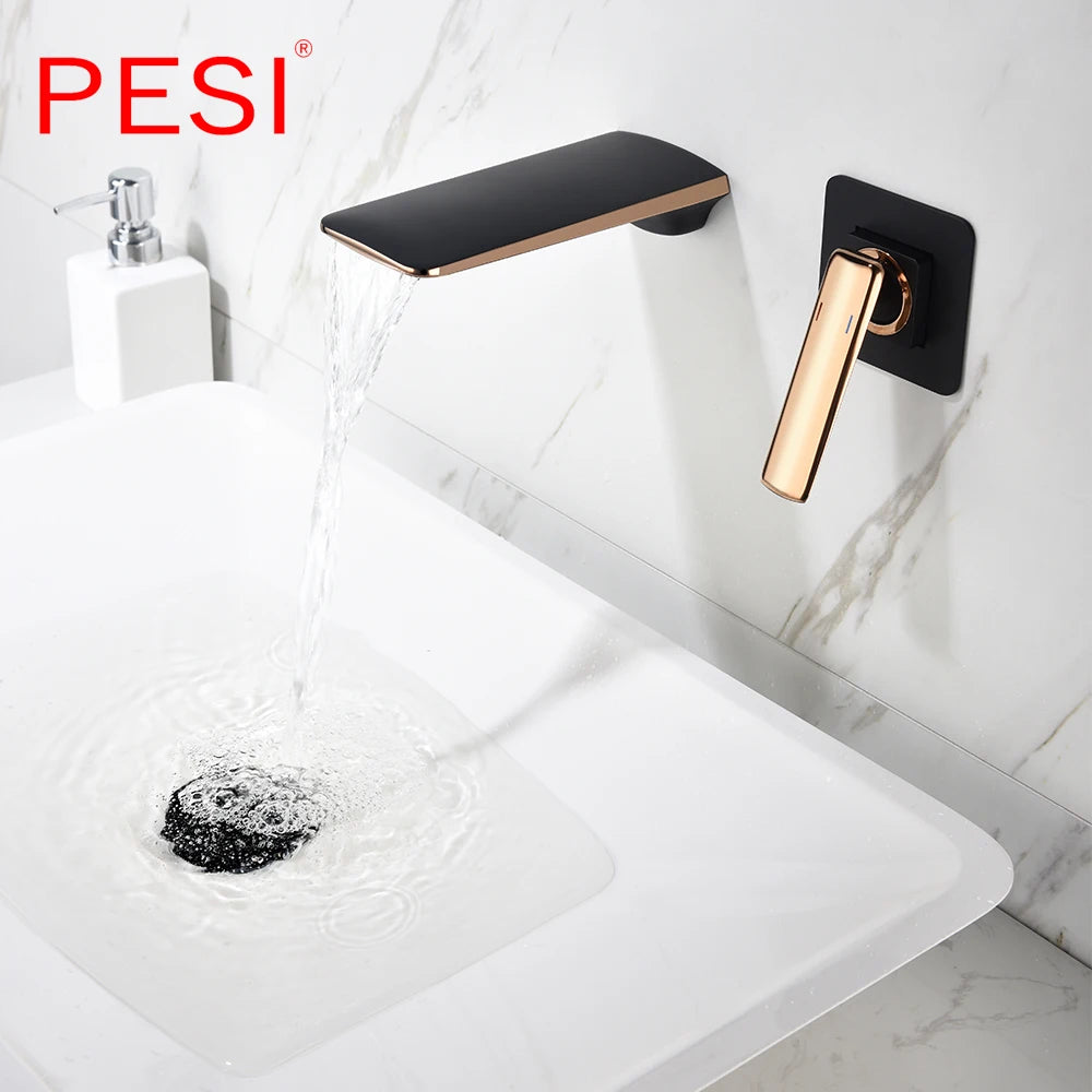 Black and Rose Gold Wall Mounted Bathroom Basin Sink Faucet Waterfall Bathtub Single Handle Solid Brass Hot & Cold Mixer Tap.