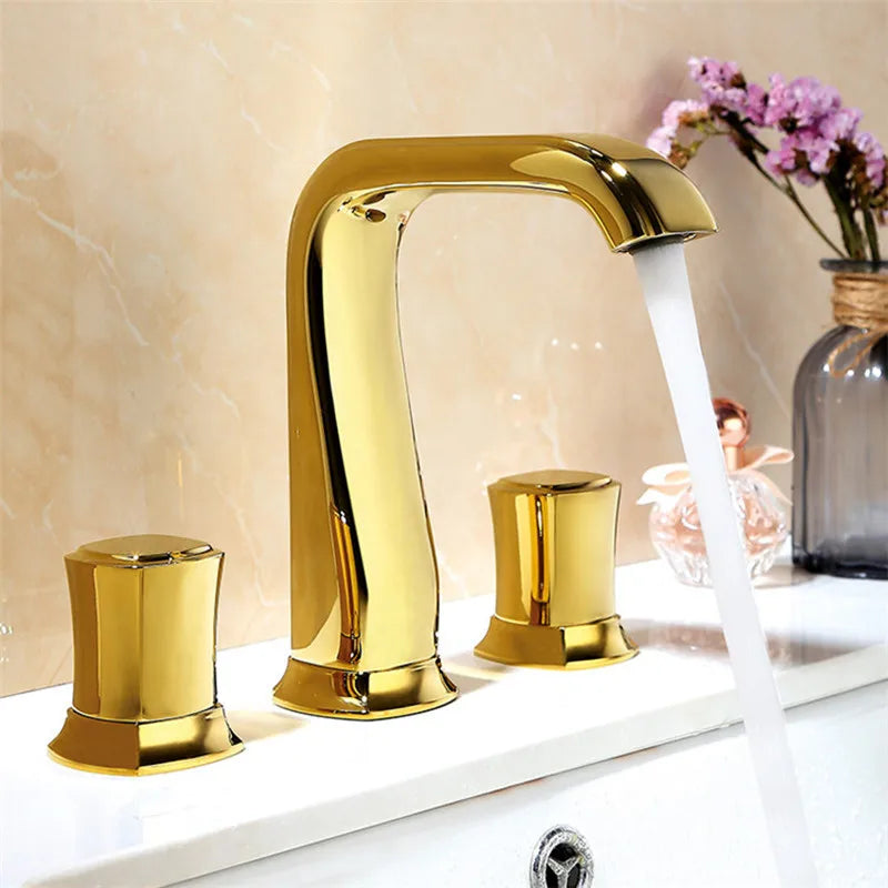 Widespread Basin bathroom sink Faucets Brass three holes Mixer Faucet Cold And Hot 8 inch Water Mixer Sink Taps  gold black