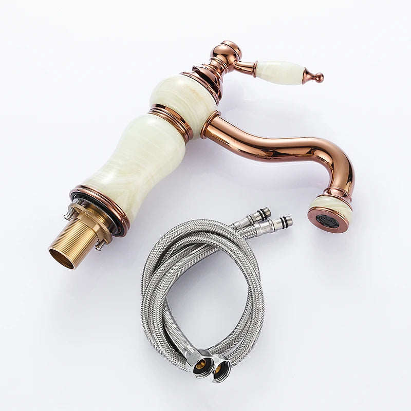 Luxury Rose Gold Brass Natural jade Bathroom Sink Faucet  Art Basin Mixer Taps Single Handle Lavatory Faucet--SM533