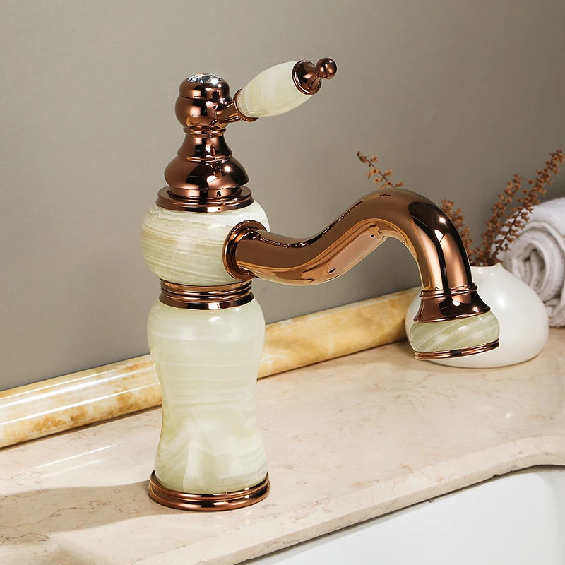 Luxury Rose Gold Brass Natural jade Bathroom Sink Faucet  Art Basin Mixer Taps Single Handle Lavatory Faucet--SM533