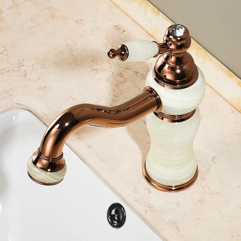 Luxury Rose Gold Brass Natural jade Bathroom Sink Faucet  Art Basin Mixer Taps Single Handle Lavatory Faucet--SM533