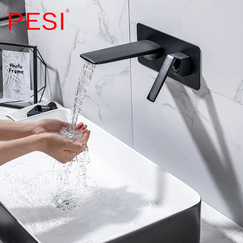 Black and Rose Gold Hot And Cold Water Bathroom Faucet Wall Mount Mixer Sink Tap Gold Wash Basin Swivel Spout Bath.