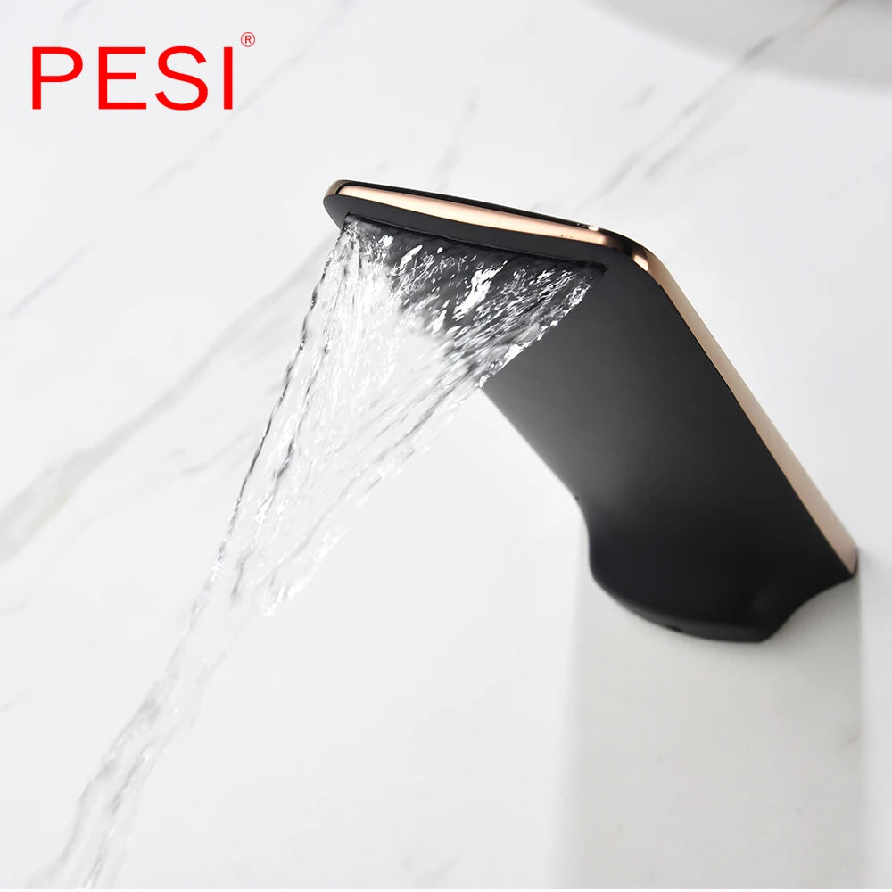 Black and Rose Gold Wall Mounted Bathroom Basin Sink Faucet Waterfall Bathtub Single Handle Solid Brass Hot & Cold Mixer Tap.