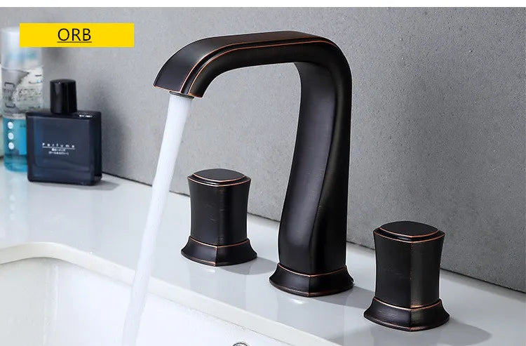 Widespread Basin bathroom sink Faucets Brass three holes Mixer Faucet Cold And Hot 8 inch Water Mixer Sink Taps  gold black