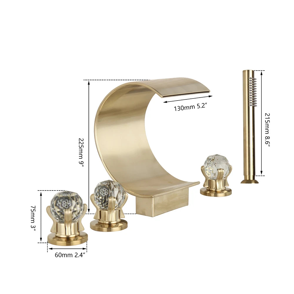 YANKSMART Brushed Gold Waterfall Spout 5 Pcs Bathtub Faucet Chrome Finish Mixer Taps Para Bathroom Shower Faucet With HandShower