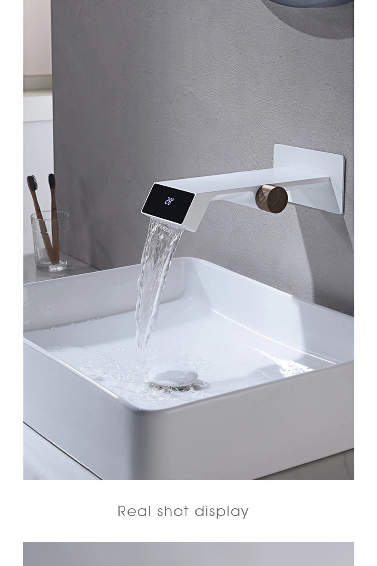 High end bathroom faucet intelligent digital display white brass wall entry design cold and hot dual control basin faucet