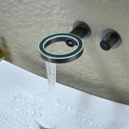 Basin Faucet  Hot and Cold Bathroom Wall Mounted Brass Single Lever Sink Mixer Digital Display Led Light Water Mixer