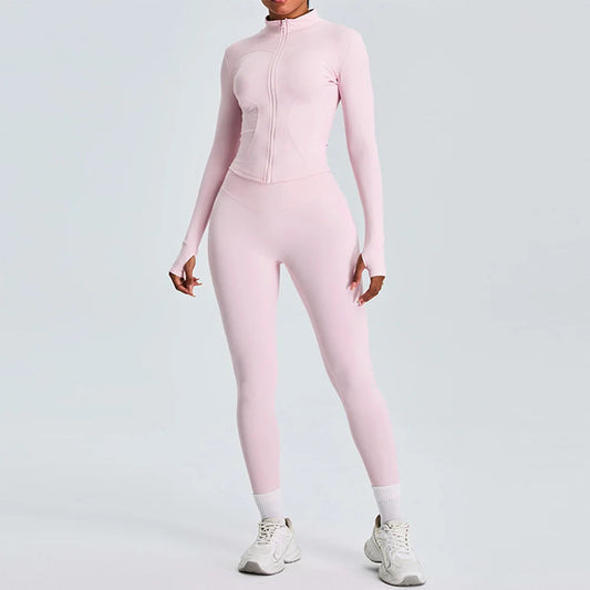 2PCS Yoga Set Workout Clothes Long Sleeve Jacket Gym Crop Top High Waist Leggings