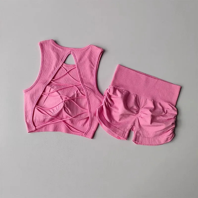 Backless Vest Yoga Exercise Fitness Suit Lifting Shorts Set
