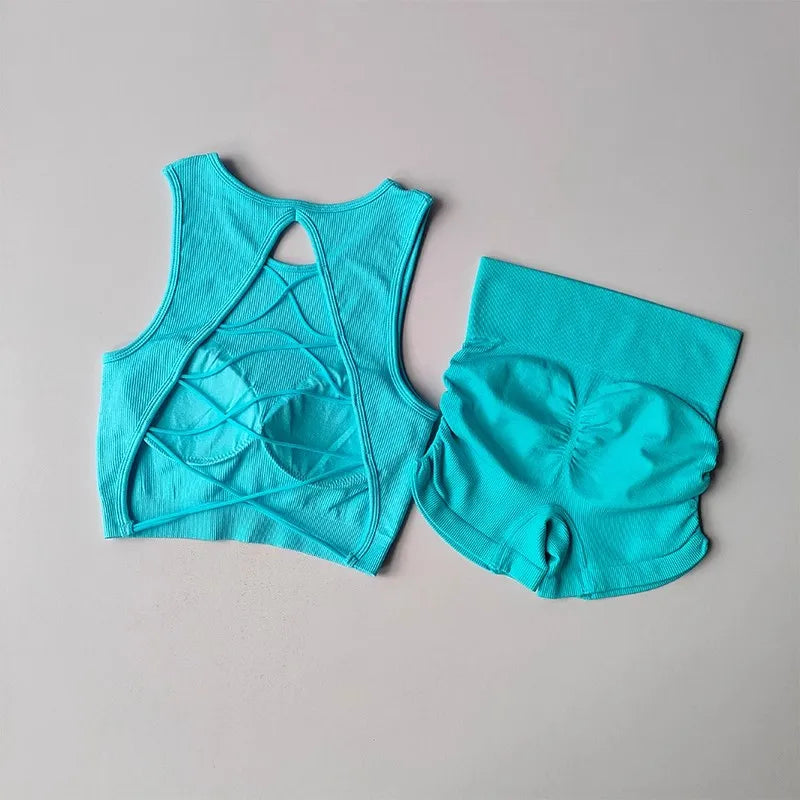 Backless Vest Yoga Exercise Fitness Suit Lifting Shorts Set